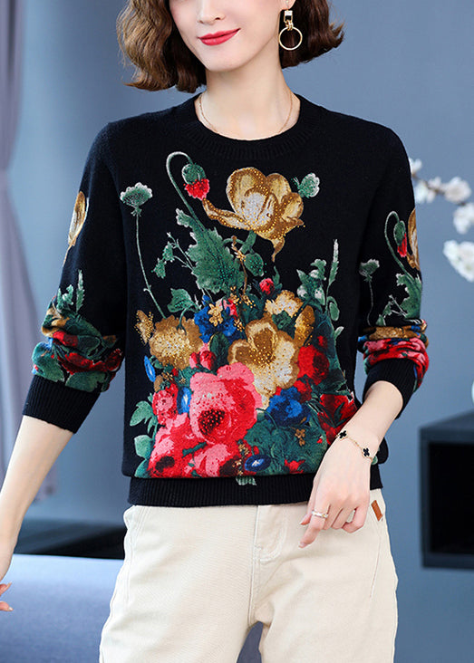 Women Black O Neck Print Wool Knit Sweater Long Sleeve