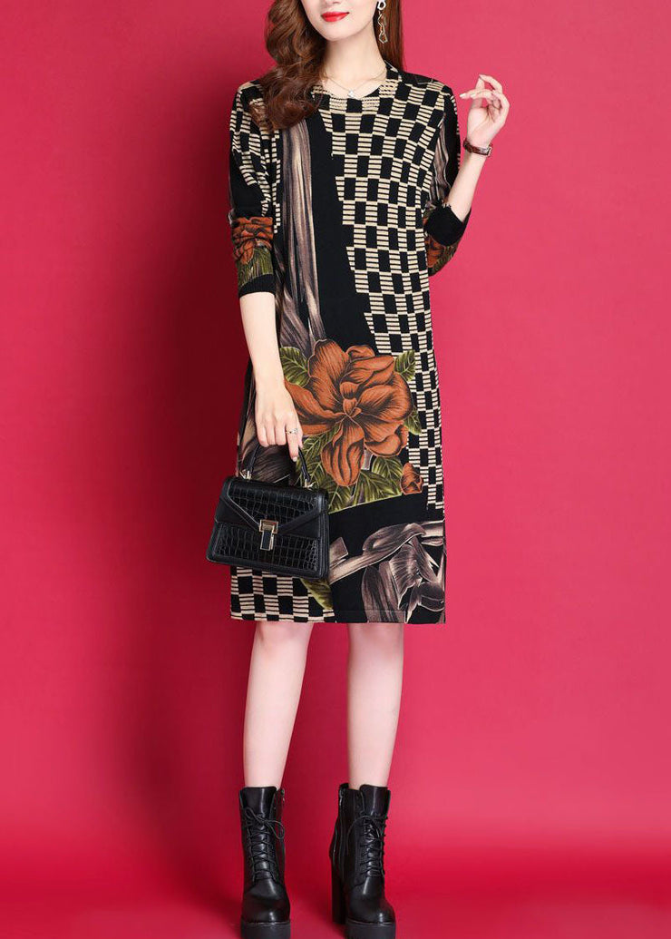 Women Black O-Neck Print Woolen Knitwear Dress Fall