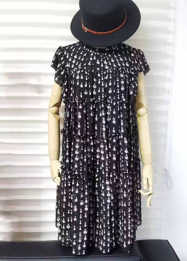 Women Black O-Neck Ruffled Patchwork Dot Print Long Dress Short Sleeve