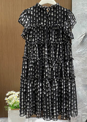 Women Black O-Neck Ruffled Patchwork Dot Print Long Dress Short Sleeve