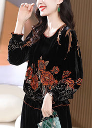 Women Black O Neck Ruffled Print Silk Velour Tops Long Sleeve