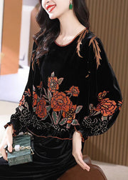 Women Black O Neck Ruffled Print Silk Velour Tops Long Sleeve