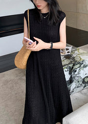 Women Black O-Neck Solid Knit Long Dresses Summer