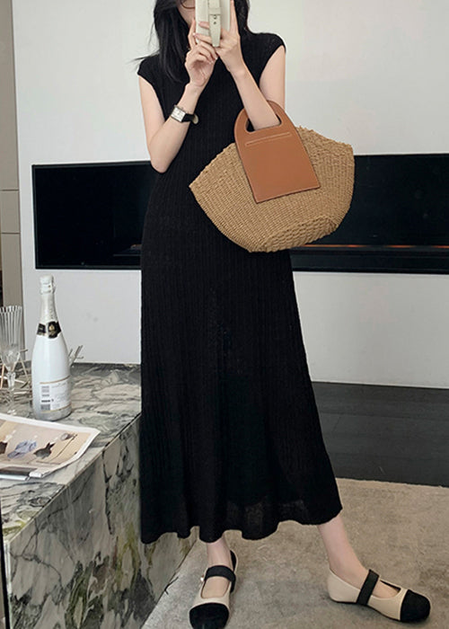 Women Black O-Neck Solid Knit Long Dresses Summer