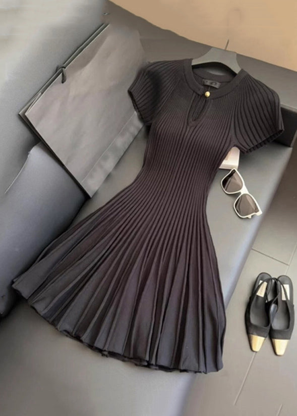 Women Black O Neck Wrinkled Solid Knit Mid Dress Summer