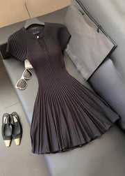 Women Black O Neck Wrinkled Solid Knit Mid Dress Summer