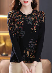 Women Black O Neck Zircon Print Wool Knit Top Spring