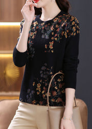 Women Black O Neck Zircon Print Wool Knit Top Spring