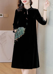 Women Black O-NeckPockets Button Silk Velour Long Dresses Bracelet Sleeve