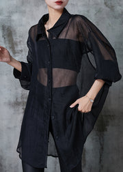 Women Black Oversized Back Hollow Out Tulle Long Shirts Summer