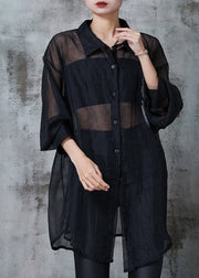 Women Black Oversized Back Hollow Out Tulle Long Shirts Summer