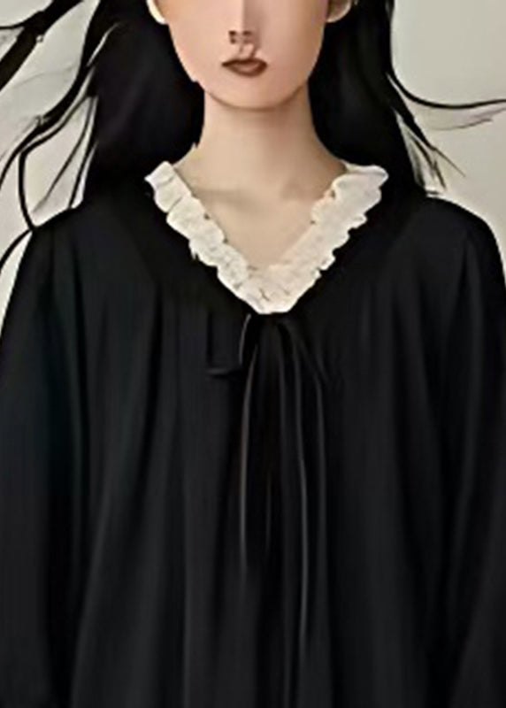 Women Black Oversized Drawstring Cotton Long Dress Spring