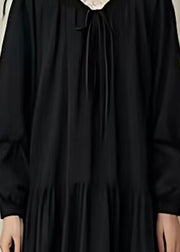 Women Black Oversized Drawstring Cotton Long Dress Spring