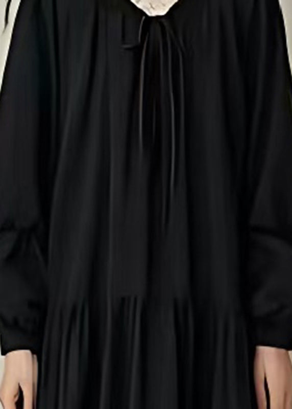 Women Black Oversized Drawstring Cotton Long Dress Spring
