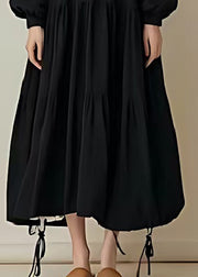 Women Black Oversized Drawstring Cotton Long Dress Spring