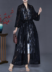 Women Black Oversized Hollow Out Chiffon Cardigan Spring