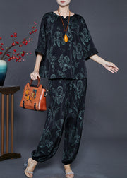 Women Black Oversized Lily Print Silk Two Pieces Set Summer