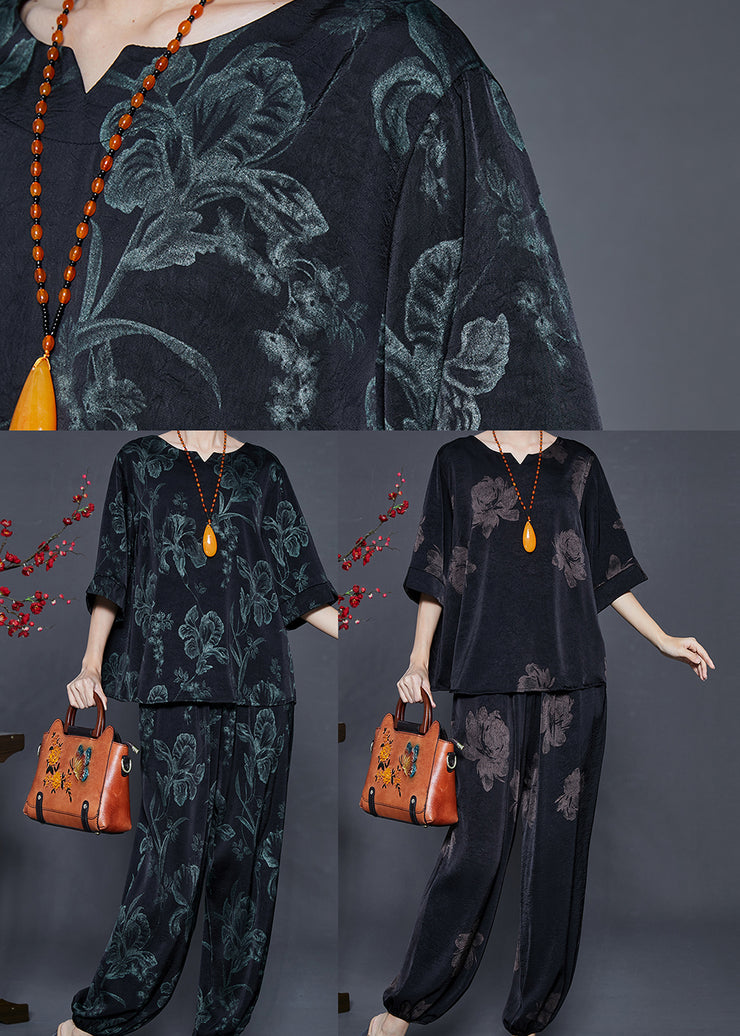 Women Black Oversized Lily Print Silk Two Pieces Set Summer