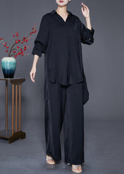 Women Black Oversized Low High Design Draping Chiffon Two Pieces Set Summer