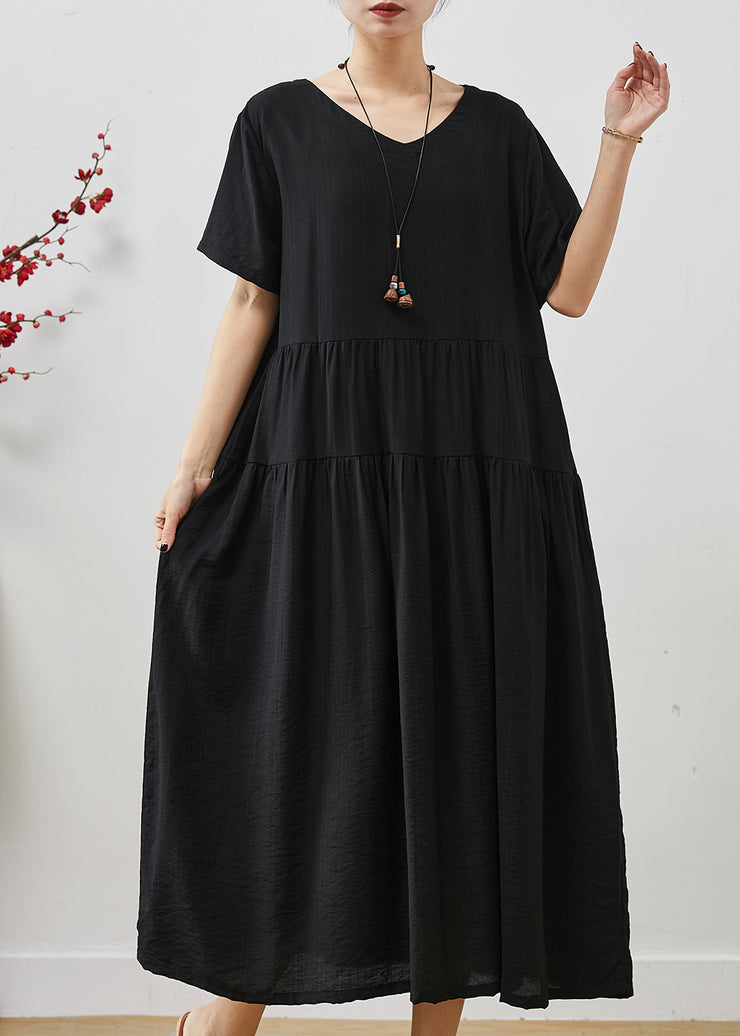 Women Black Oversized Patchwork Cotton Holiday Dress Summer
