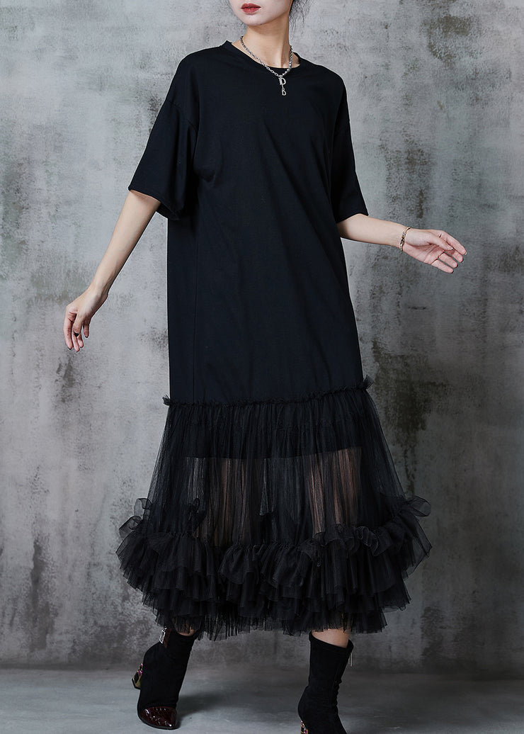 Women Black Oversized Patchwork Cotton Party Dress Summer