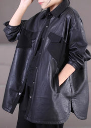 Women Black Oversized Patchwork Faux Leather Coat Outwear Spring