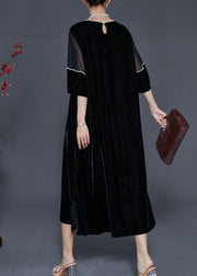 Women Black Oversized Patchwork Nail Bead Silk Velvet Dress Spring