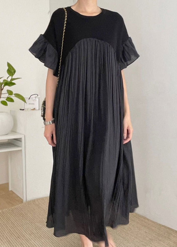 Women Black Oversized Patchwork Pleated Dress Butterfly Sleeve