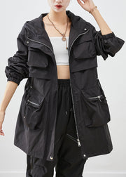 Women Black Oversized Patchwork Pockets Spandex Coat Fall