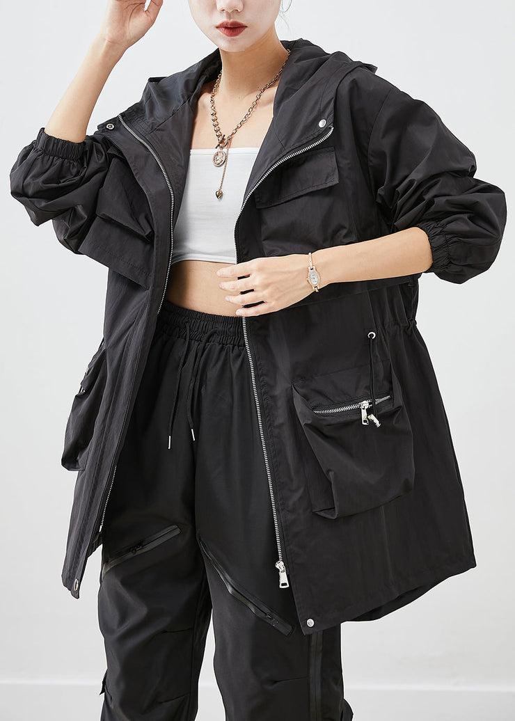 Women Black Oversized Patchwork Pockets Spandex Coat Fall