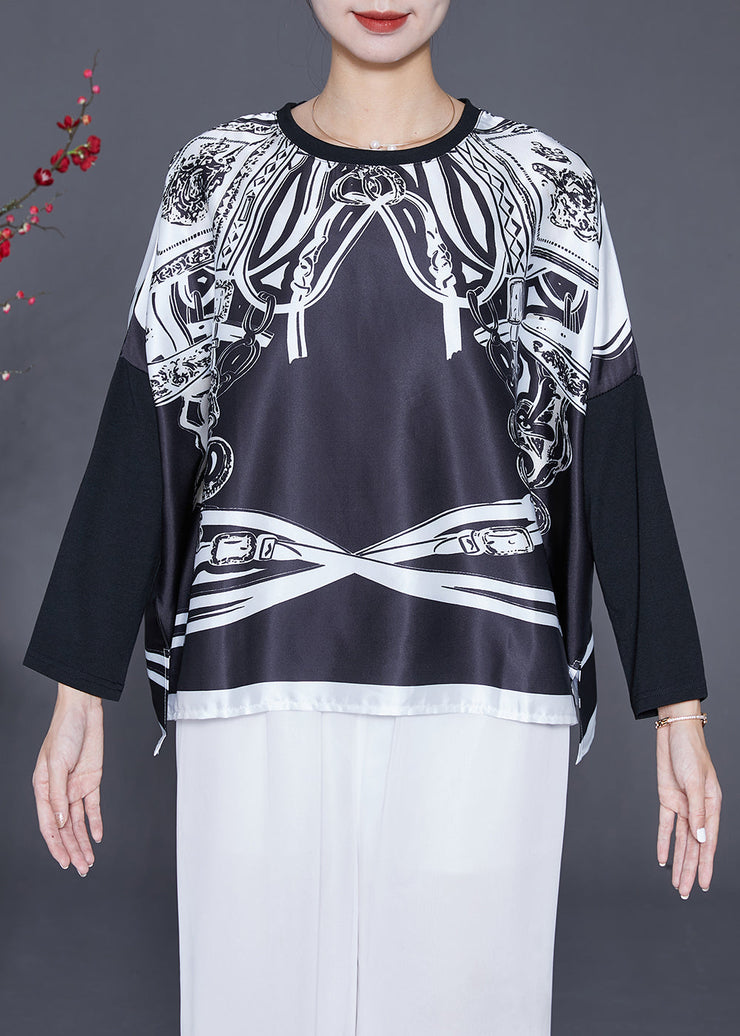 Women Black Oversized Patchwork Print Satin Tops Summer