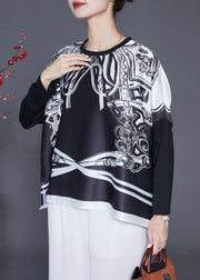 Women Black Oversized Patchwork Print Satin Tops Summer