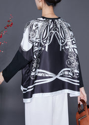 Women Black Oversized Patchwork Print Satin Tops Summer