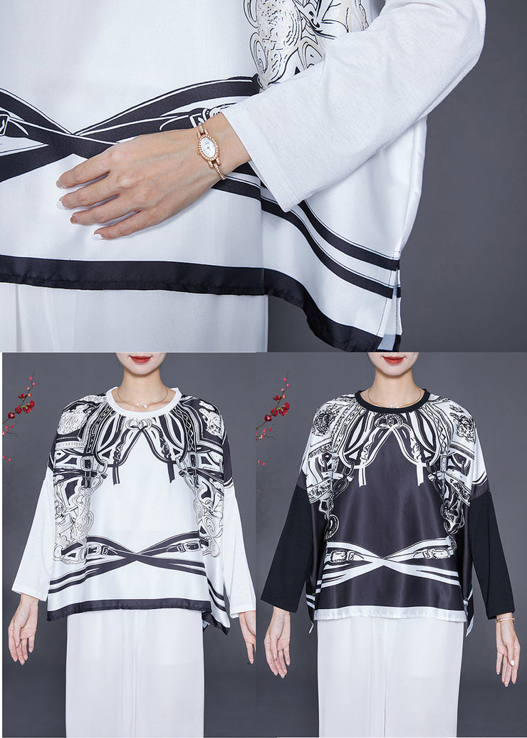 Women Black Oversized Patchwork Print Satin Tops Summer