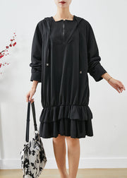 Women Black Oversized Patchwork Ruffles Cotton Dress Fall