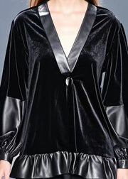 Women Black Oversized Patchwork Silk Velour Top Fall