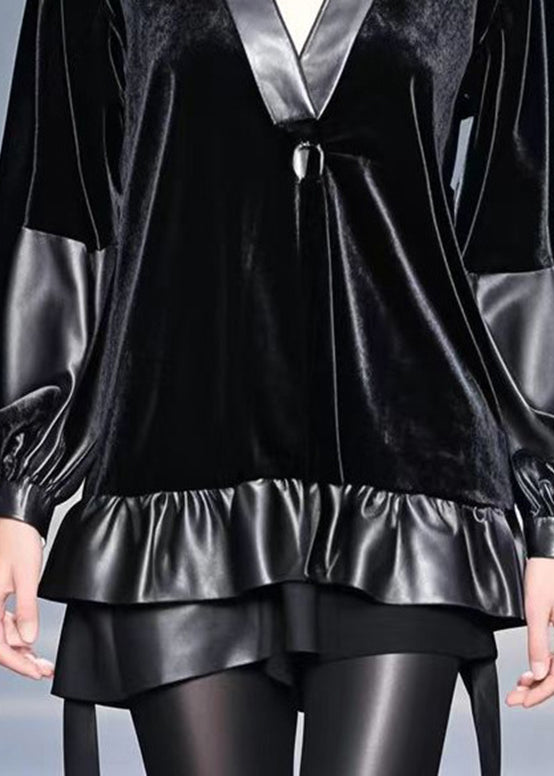 Women Black Oversized Patchwork Silk Velour Top Spring