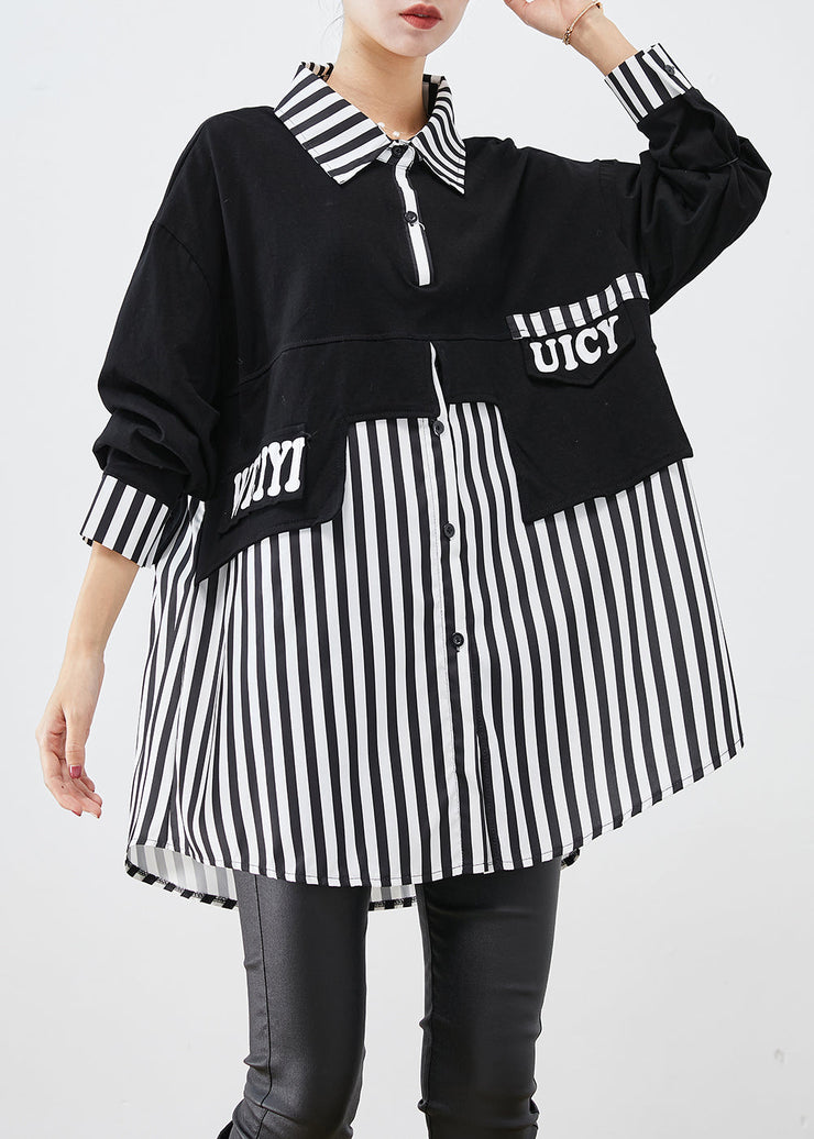 Women Black Oversized Patchwork Striped Cotton Sweatshirts Top Fall