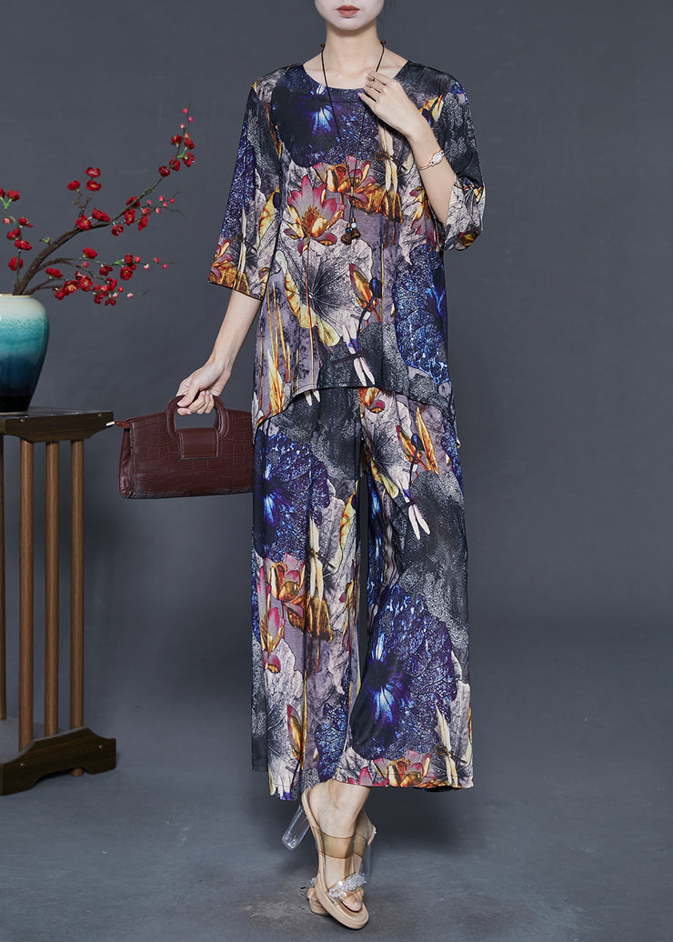 Women Black Oversized Print Chiffon Two Pieces Set Summer