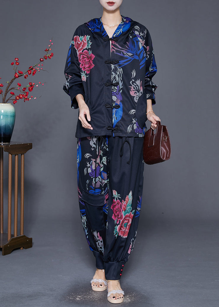 Women Black Oversized Print Chinese Button Two Pieces Set Fall