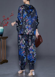 Women Black Oversized Print Chinese Button Two Pieces Set Fall