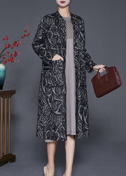 Women Black Oversized Print Cotton Trench Coats Fall