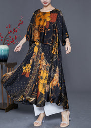 Women Black Oversized Print Silk Maxi Dresses Summer