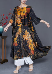 Women Black Oversized Print Silk Maxi Dresses Summer