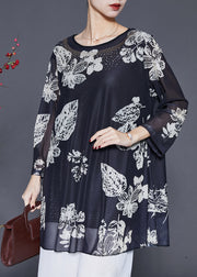 Women Black Oversized Print Silk Shirts Spring