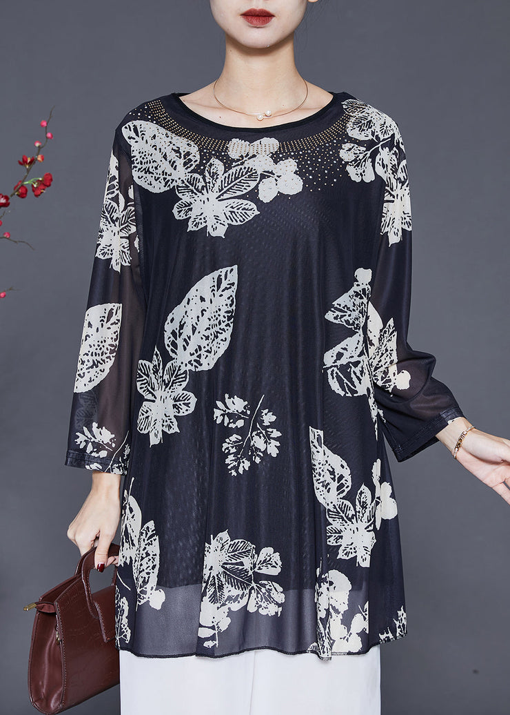 Women Black Oversized Print Silk Shirts Spring