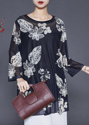 Women Black Oversized Print Silk Shirts Spring