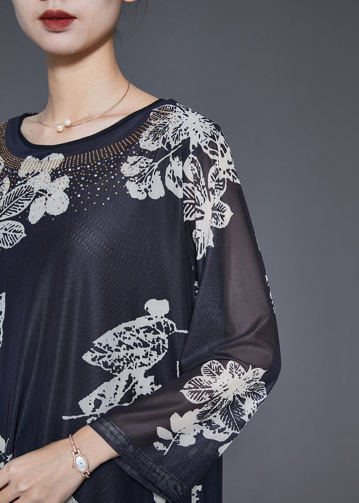 Women Black Oversized Print Silk Shirts Spring