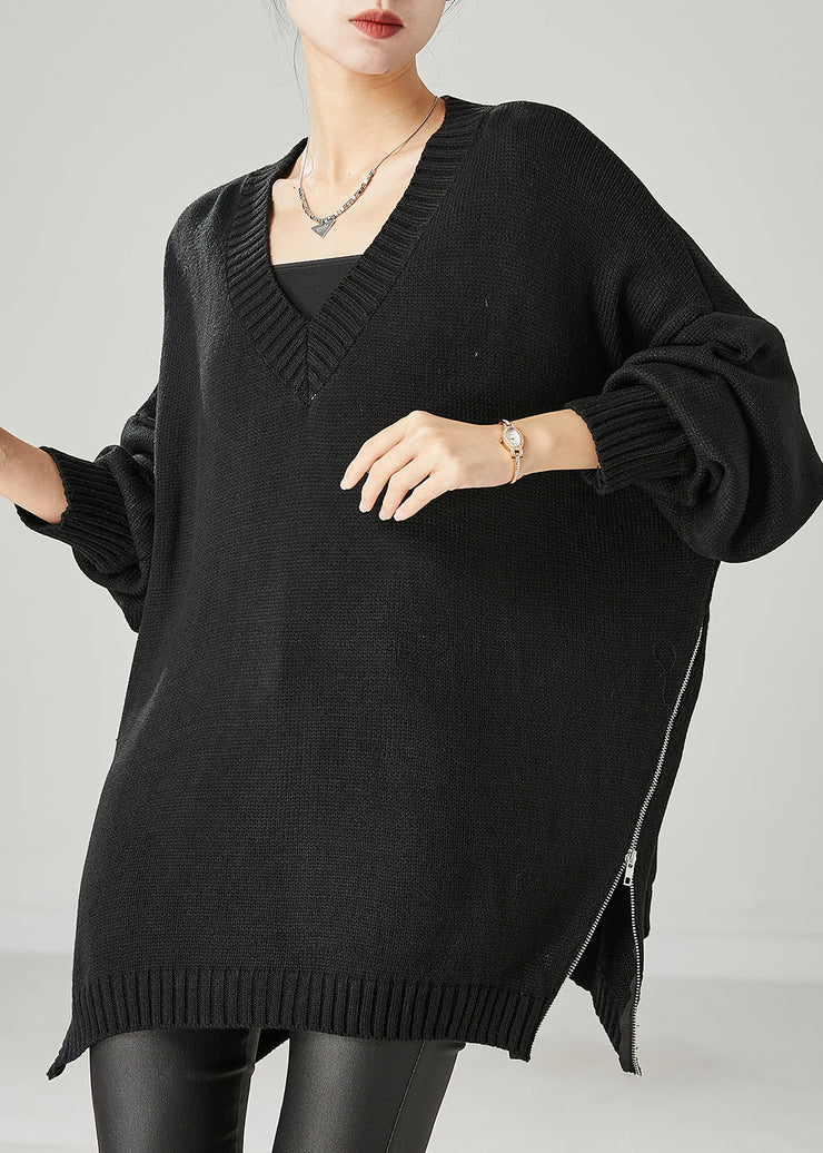 Women Black Oversized Side Open Knit Sweaters Spring