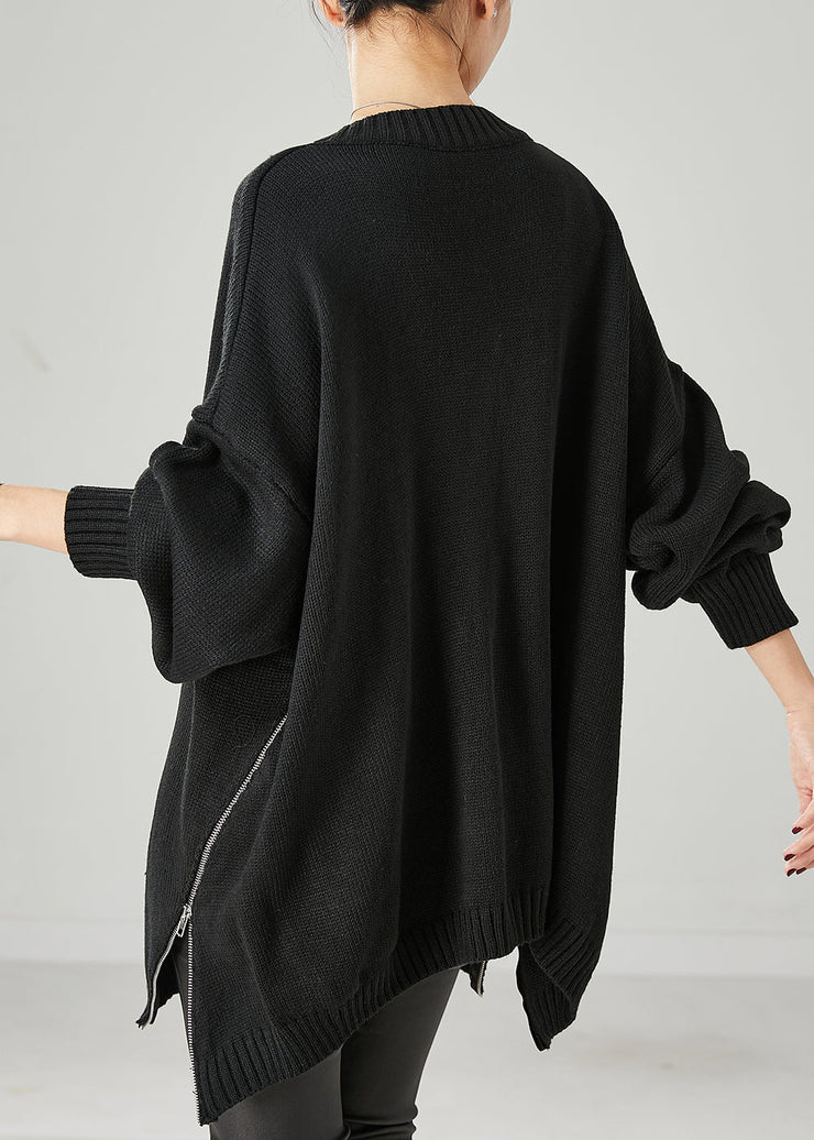 Women Black Oversized Side Open Knit Sweaters Spring